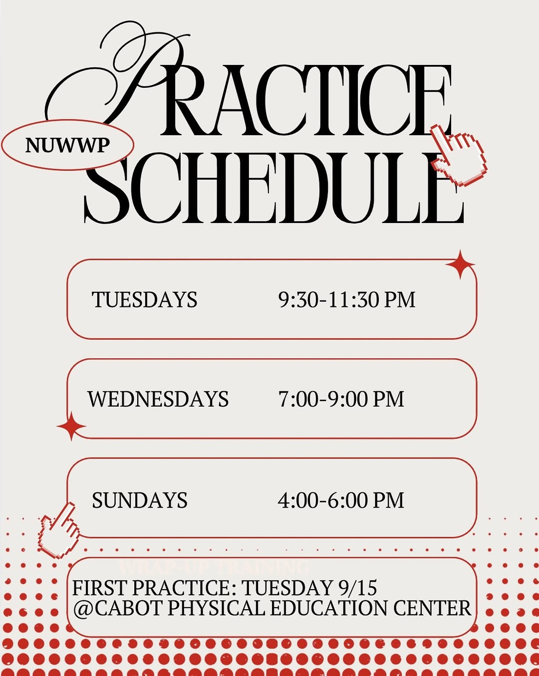 NUWWP Practice Schedule